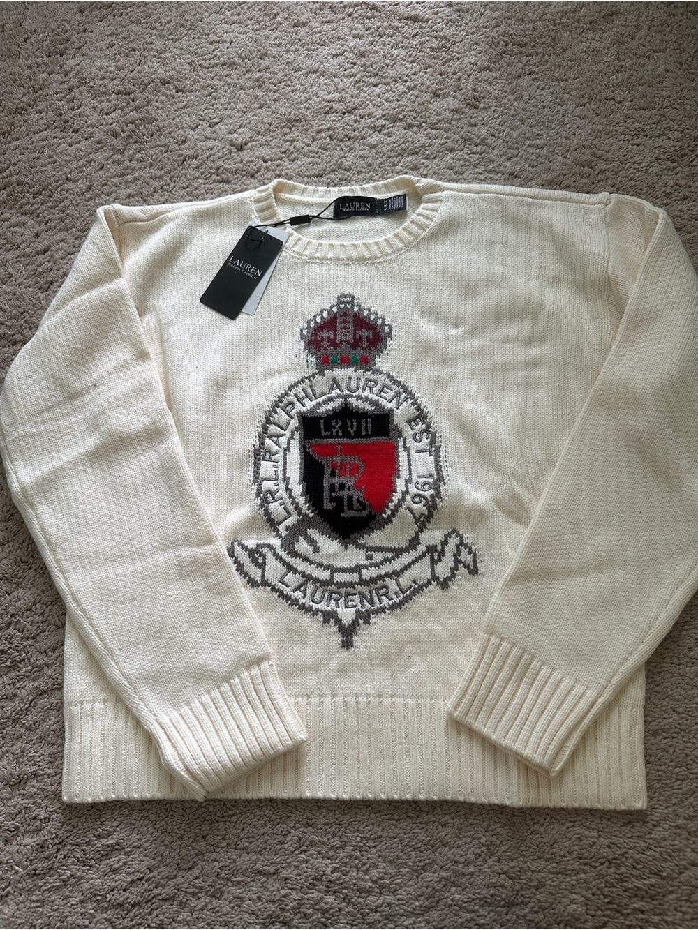 Ralph Lauren Cream Cotton Crewneck Sweater with Embroidered Crest NEW